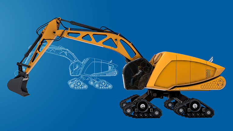 3D rendering of bee excavator with structural outline - SOLIDWORKS